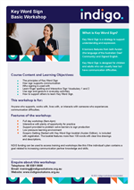 Indigo KWS General Flyer Female Indigo speechie demonstrating Key Word Sign to person (who is facing her)